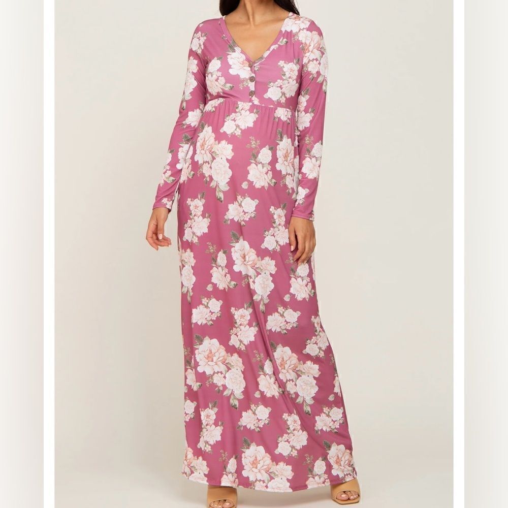 Mauve floral button front maternity plus maxi dress